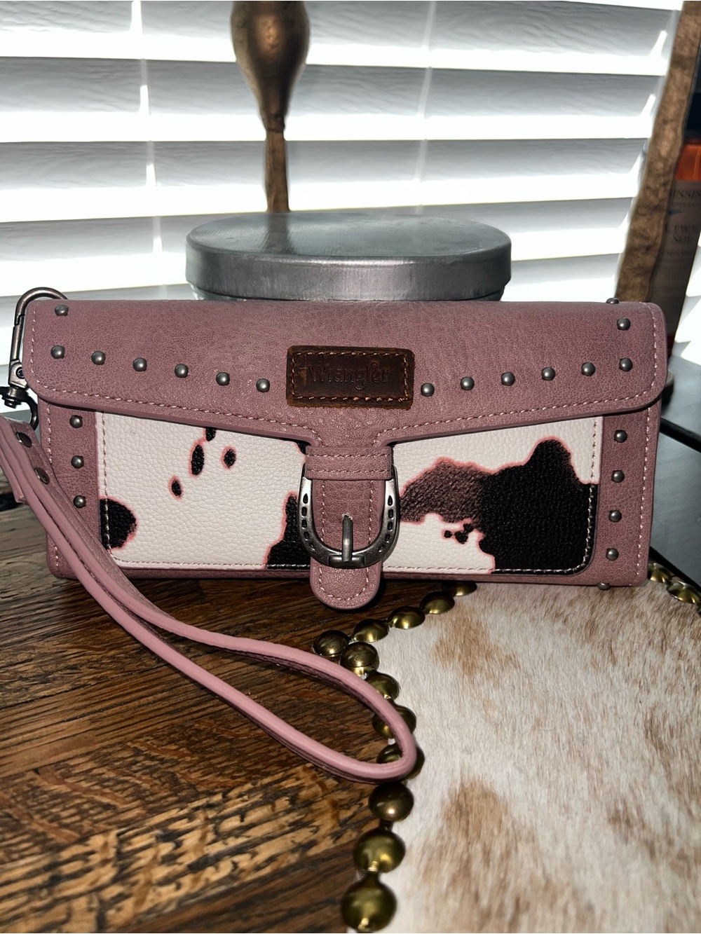 Wrangler Studded Pink Cow print Accent Wristlet Wallet